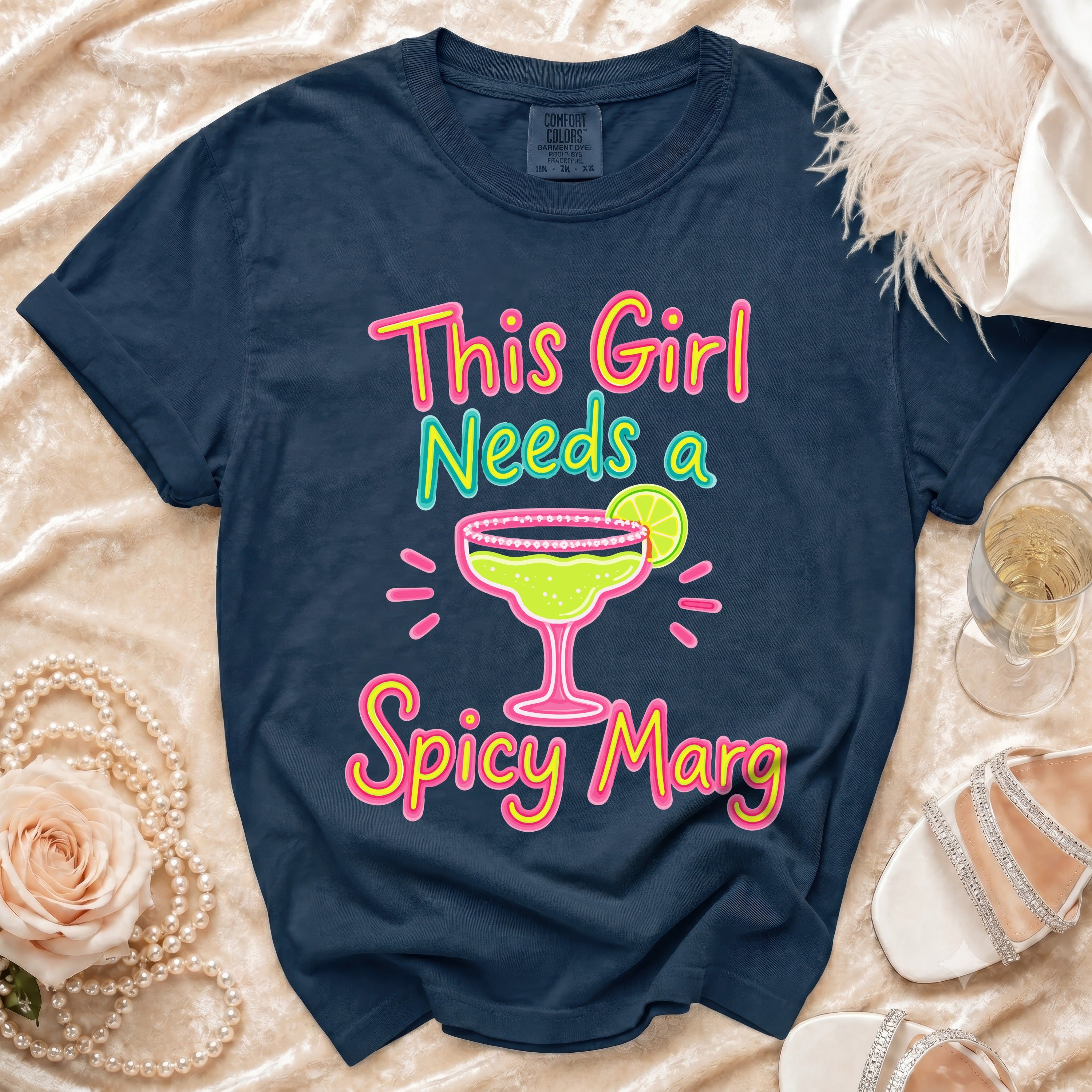 Navy t-shirt with "This Girl Needs a Spicy Marg" graphic and a margarita.