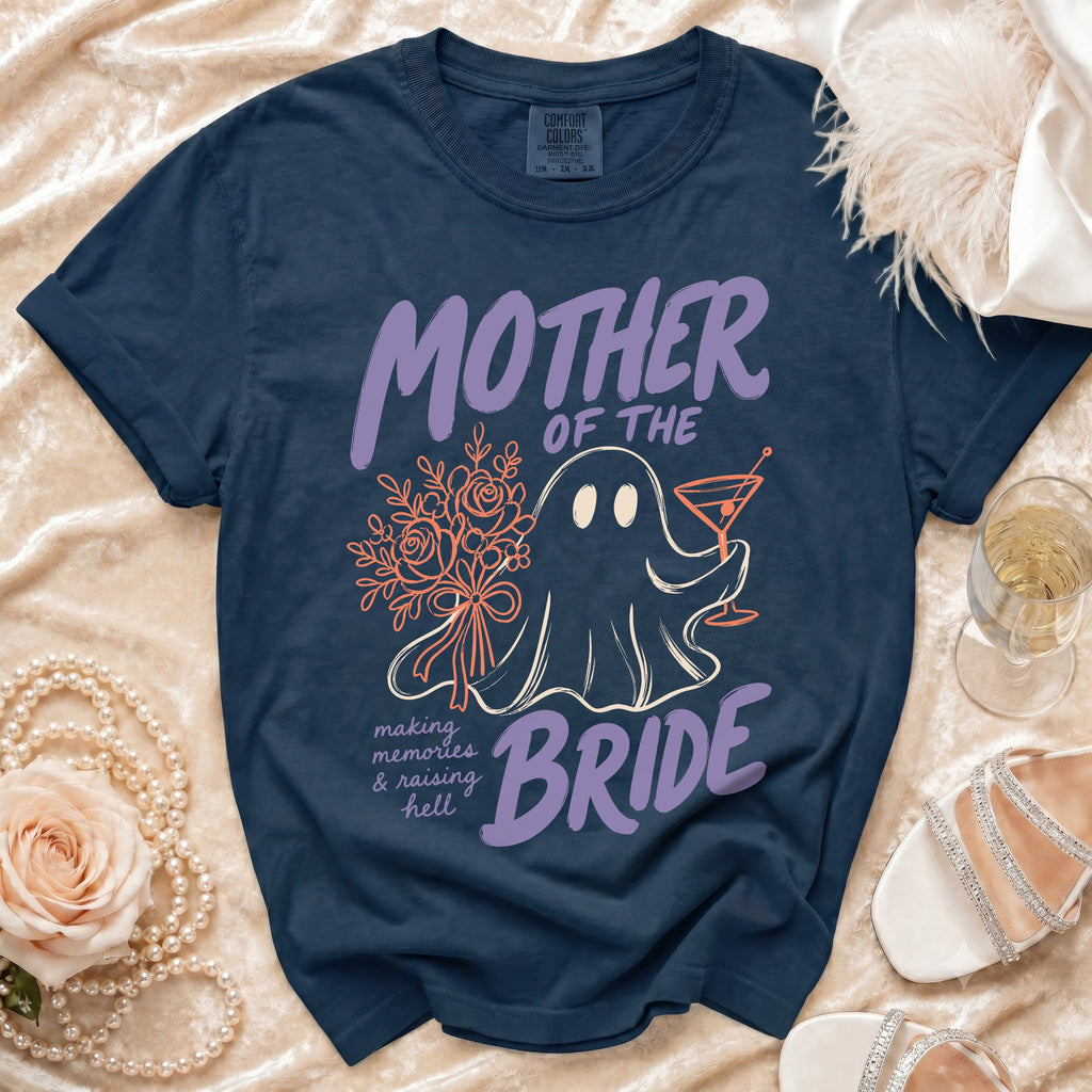 Navy blue t-shirt with a ghost graphic, bouquet, cocktail, and the text Mother of the Bride.
