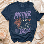 Navy blue t-shirt with a ghost graphic, bouquet, cocktail, and the text Mother of the Bride.