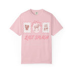 Pink t-shirt with "Last Splash Sarah's Bach Malibu CA Summer 2026" graphic.