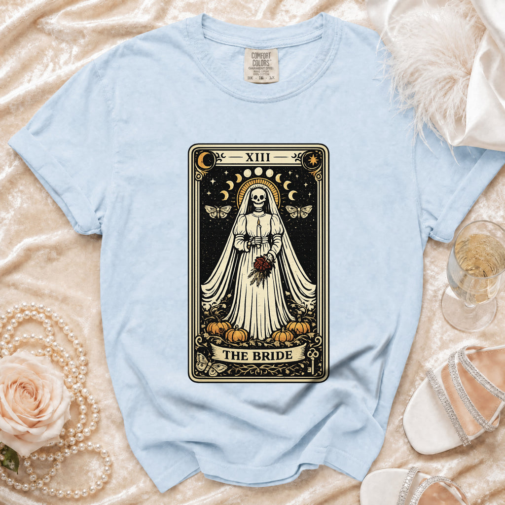 Light blue t-shirt with "The Bride" tarot card graphic and Roman numeral XIII.