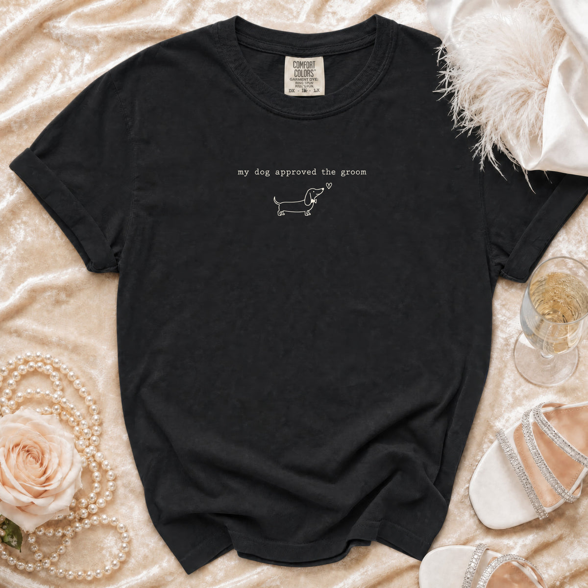 Black t-shirt with white line drawing of a dog and text "my dog approved the groom."