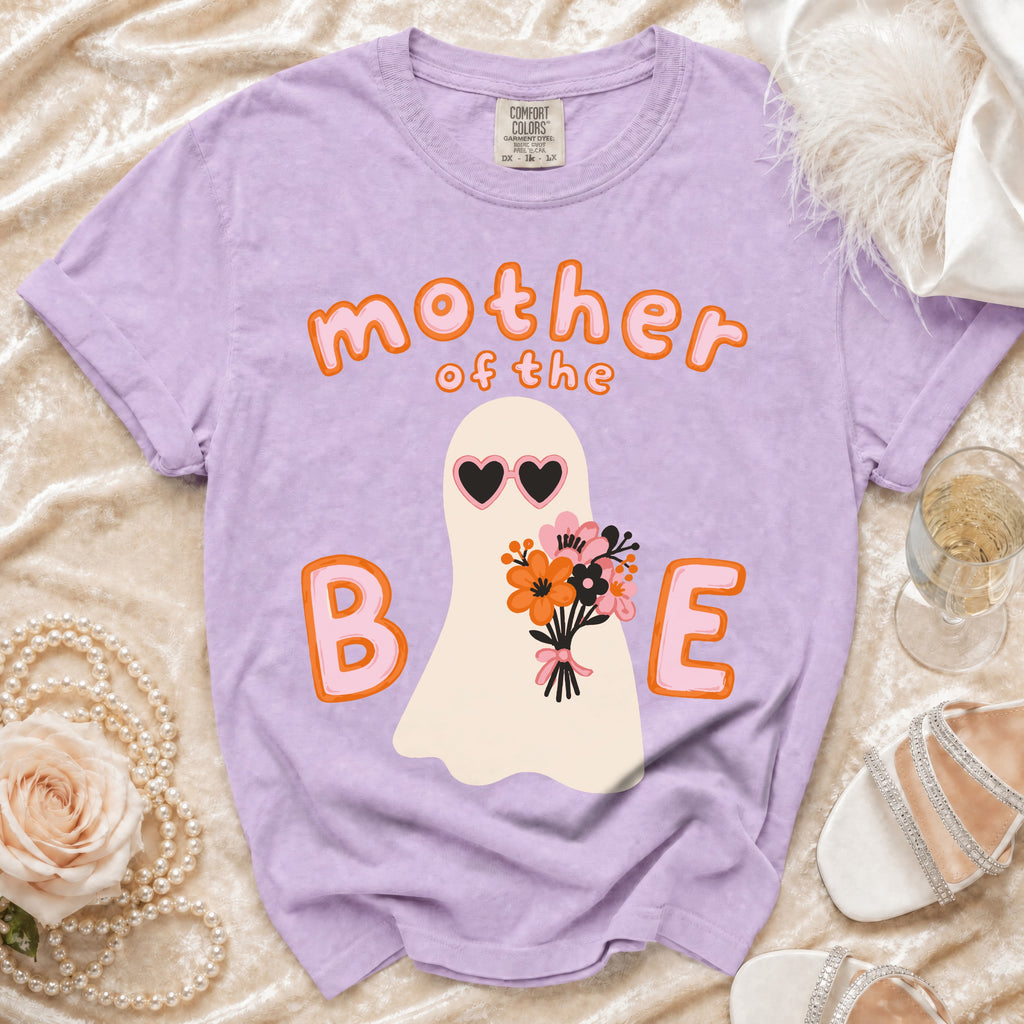 Purple t-shirt with "mother of the BAE" text and a ghost holding flowers.