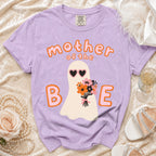 Purple t-shirt with "mother of the BAE" text and a ghost holding flowers.