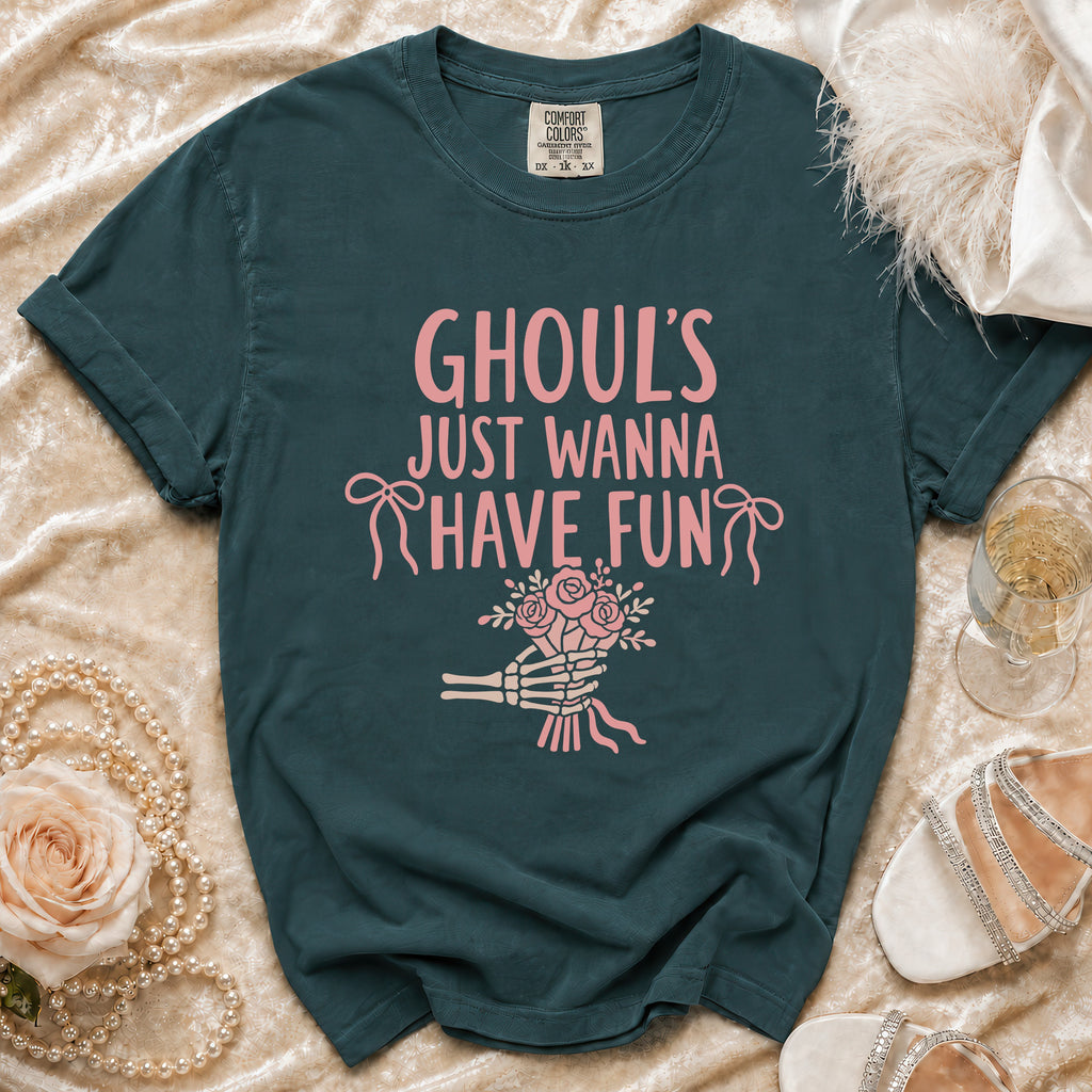 Teal t-shirt with pink text "Ghoul's Just Wanna Have Fun" and skeleton hand bouquet.