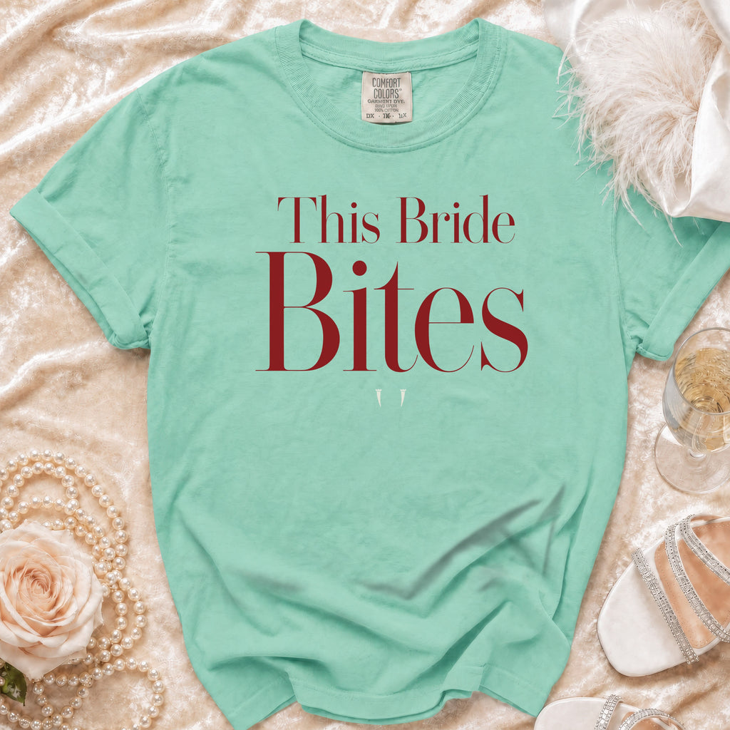 Mint green t-shirt with "This Bride Bites" text in dark red.