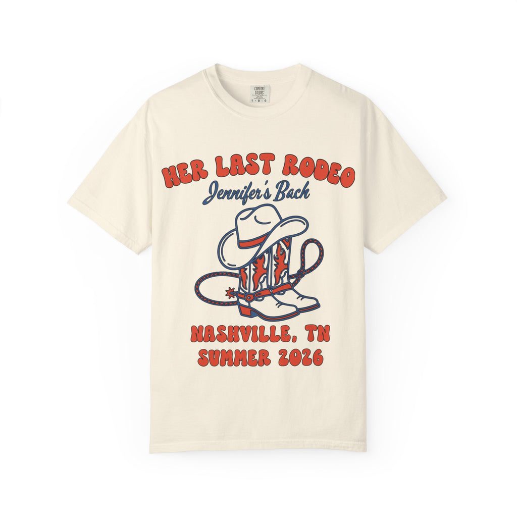 T-shirt with cowboy hat, boots, and text "Her Last Rodeo, Jennifer's Back, Nashville, TN Summer 2026".