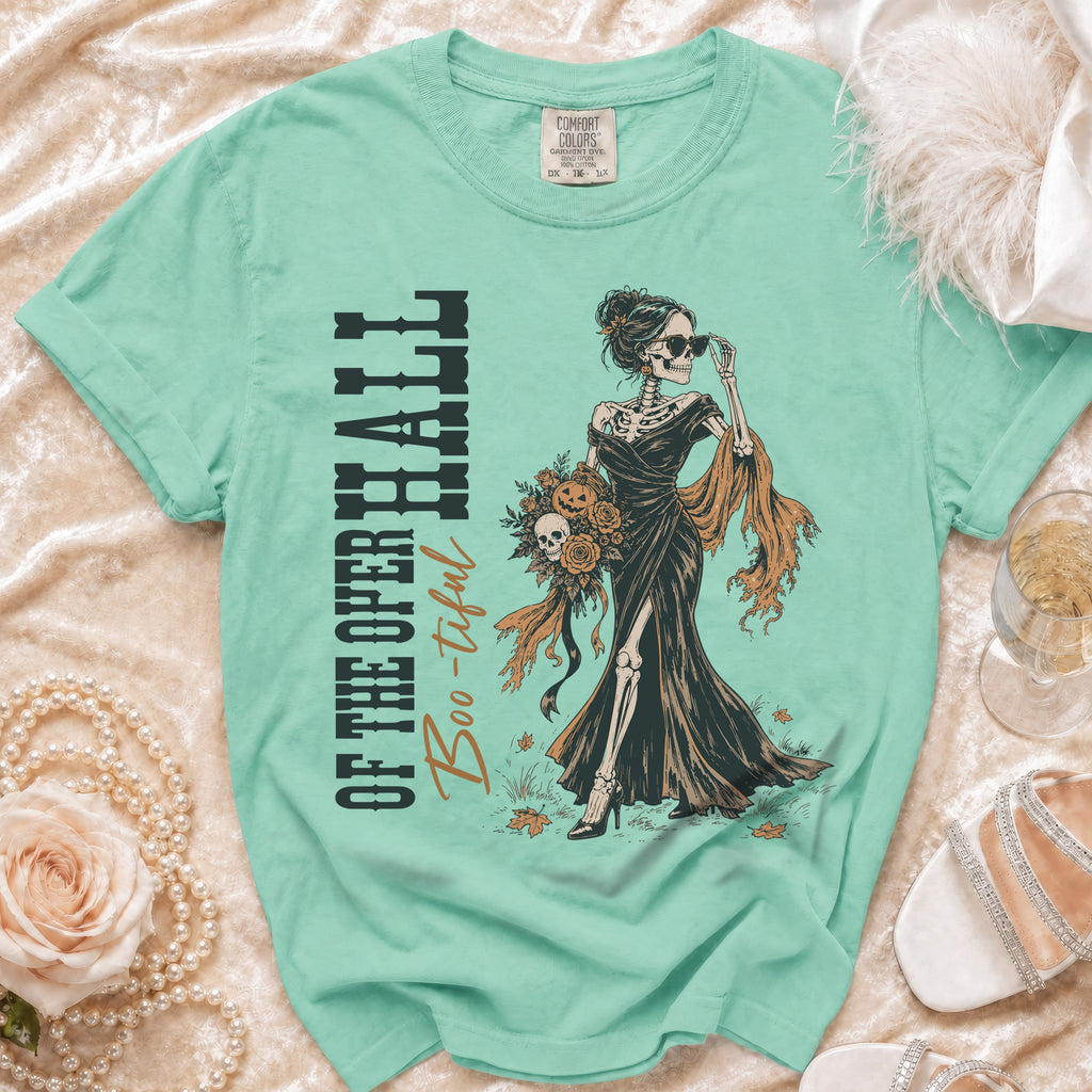 Mint t-shirt with skeleton woman graphic and "OF THE OPER HALL Boo-tiful" text.