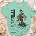 Mint t-shirt with skeleton woman graphic and "OF THE OPER HALL Boo-tiful" text.