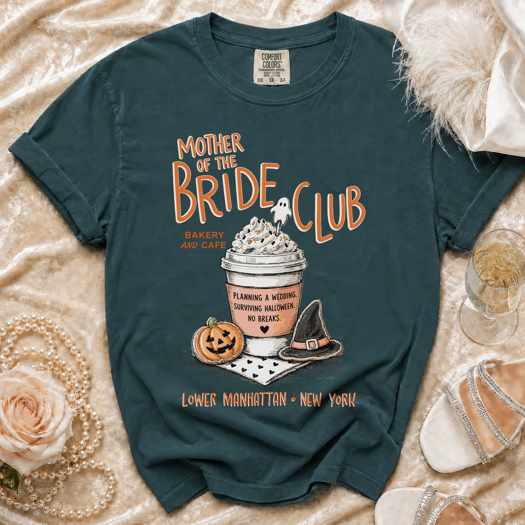 "Mother of the Bride Club" t-shirt with Halloween and wedding themed graphics.