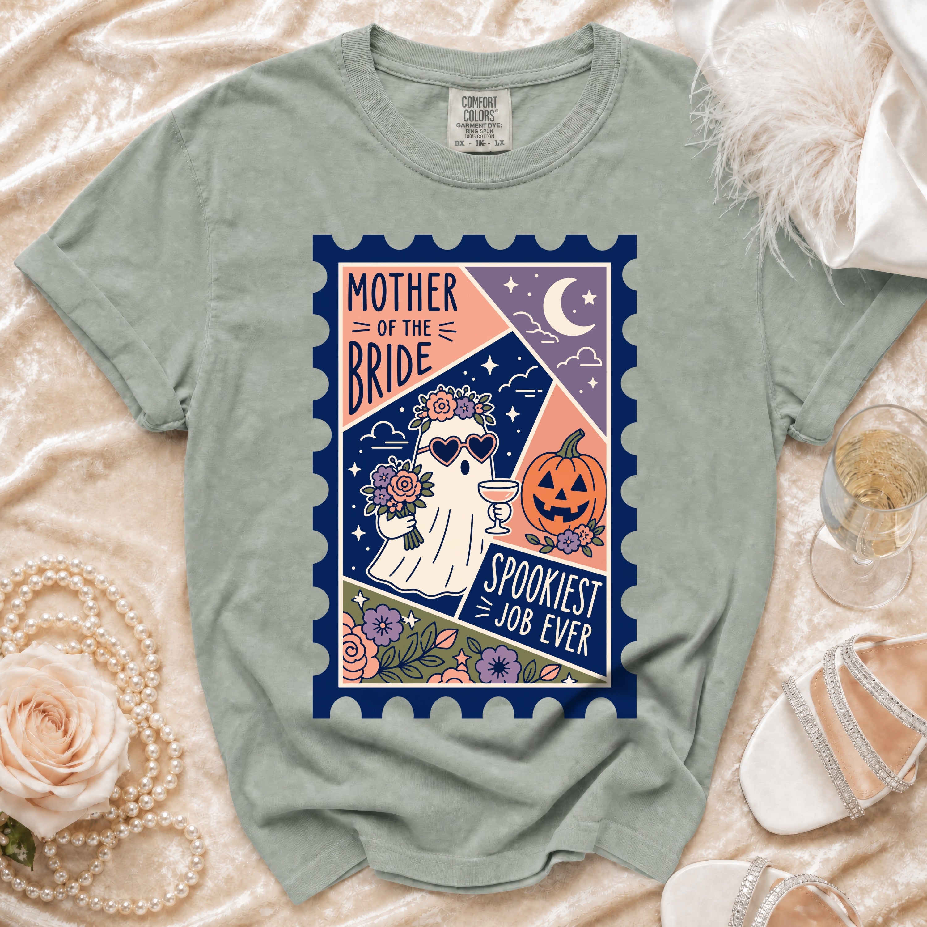 Mother of the Bride ghost with flowers and jack-o-lantern, "Spookiest Job Ever" text.