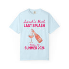 Light blue t-shirt with "Sarah's Bach Last Splash" and champagne bottle and glass.