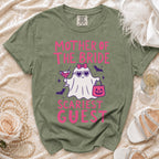 Olive green shirt with "Mother of the Bride Scariest Guest" text and ghost graphic.