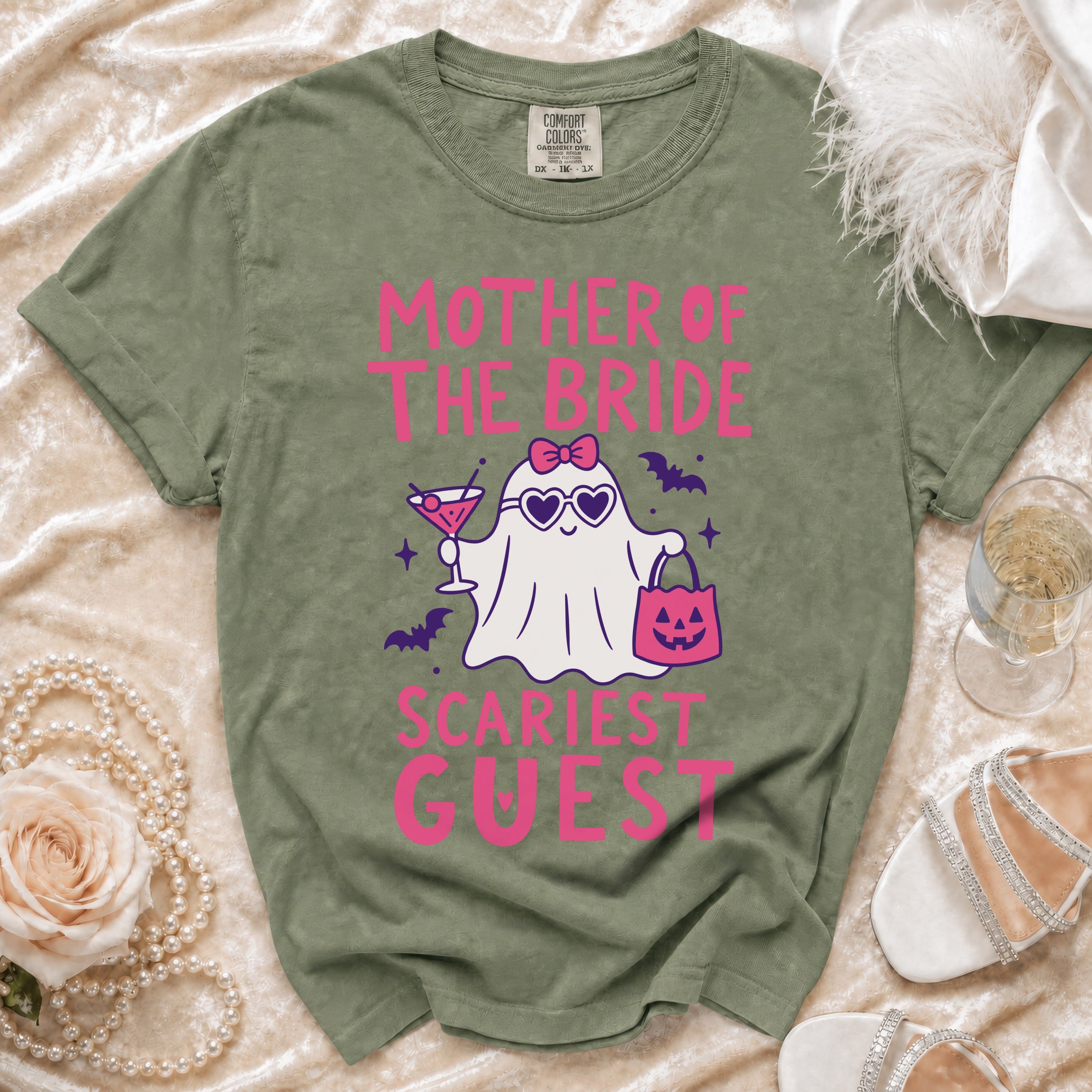 Olive green shirt with "Mother of the Bride Scariest Guest" text and ghost graphic.