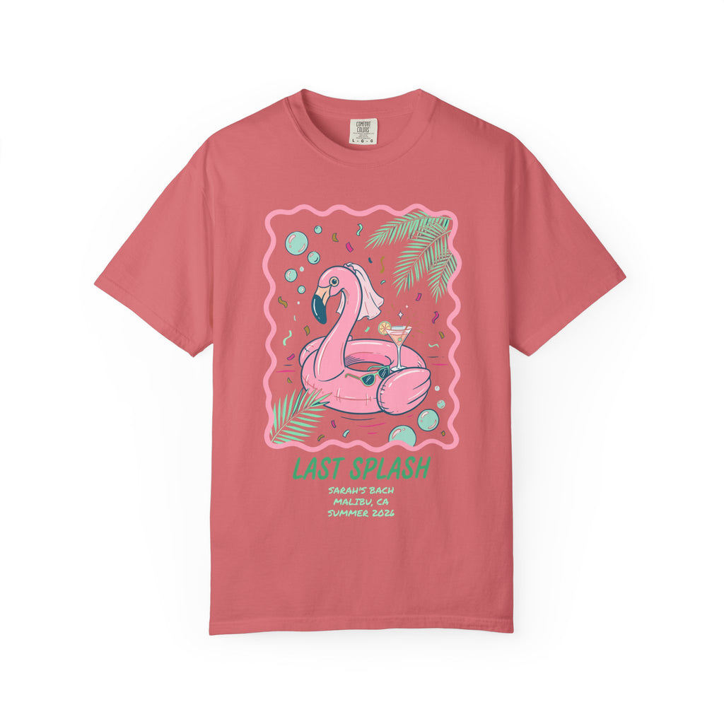 Pink flamingo float with "Last Splash" and bachelorette details on coral t-shirt.