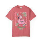 Pink flamingo float with "Last Splash" and bachelorette details on coral t-shirt.