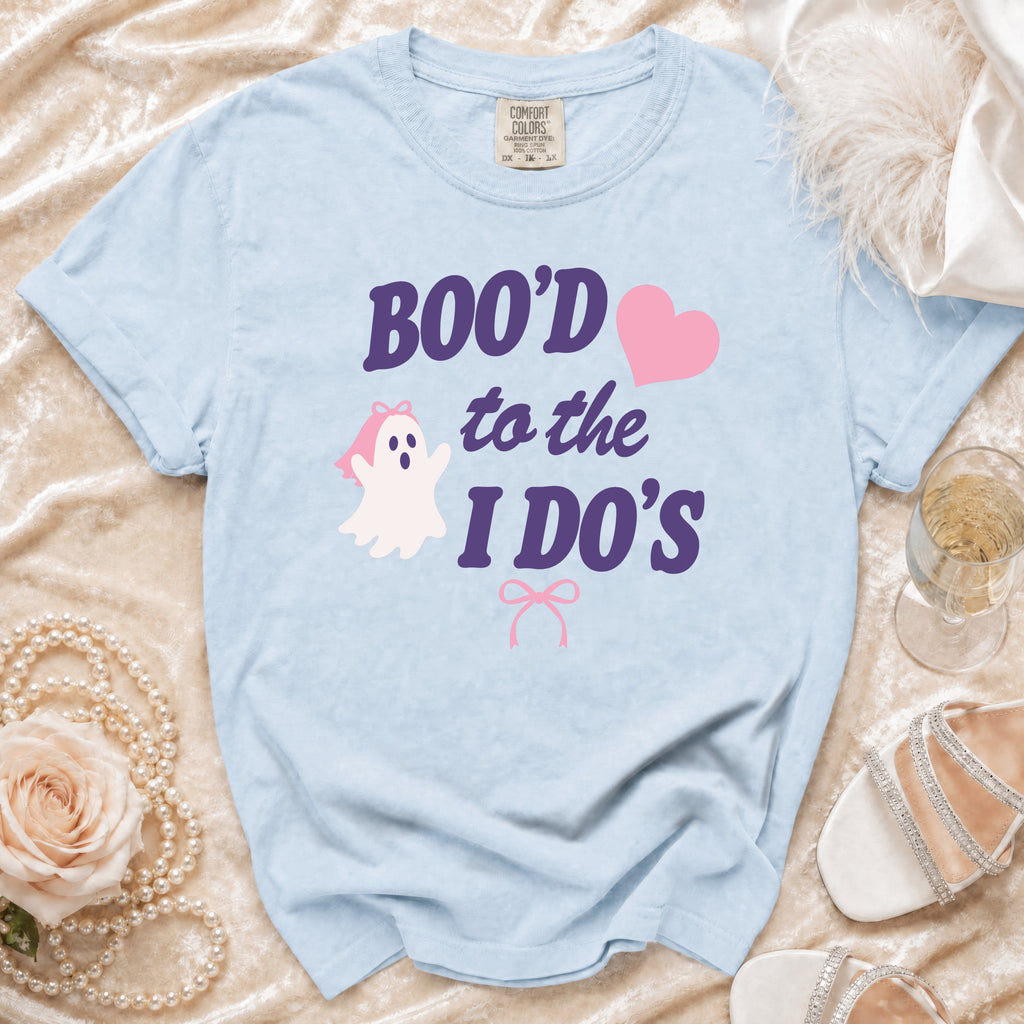 Light blue t-shirt with "BOO'D to the I DO'S" text and ghost graphic.
