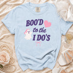 Light blue t-shirt with "BOO'D to the I DO'S" text and ghost graphic.