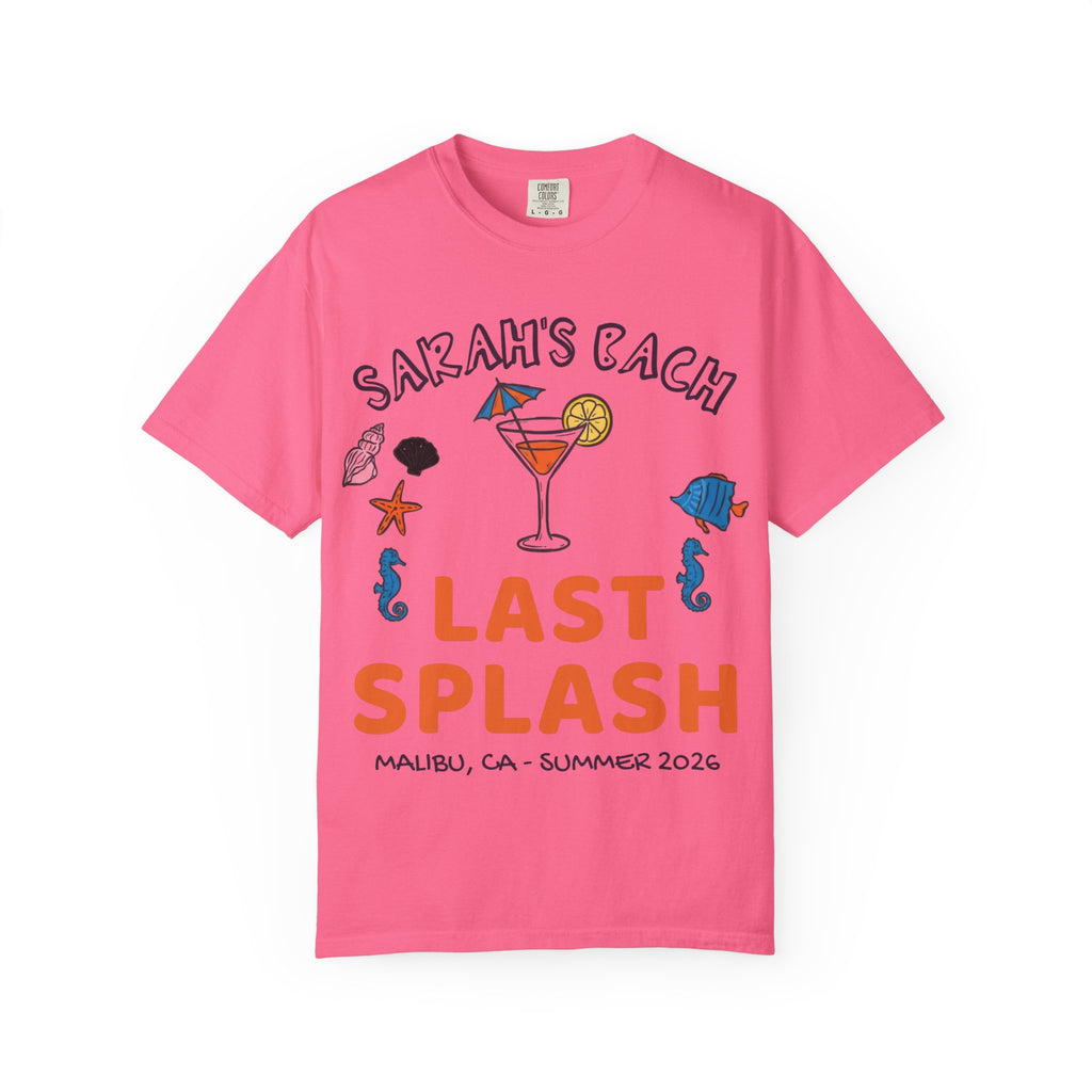 Pink t-shirt with "Sarah's Bach Last Splash Malibu, CA - Summer 2026" text and graphics.