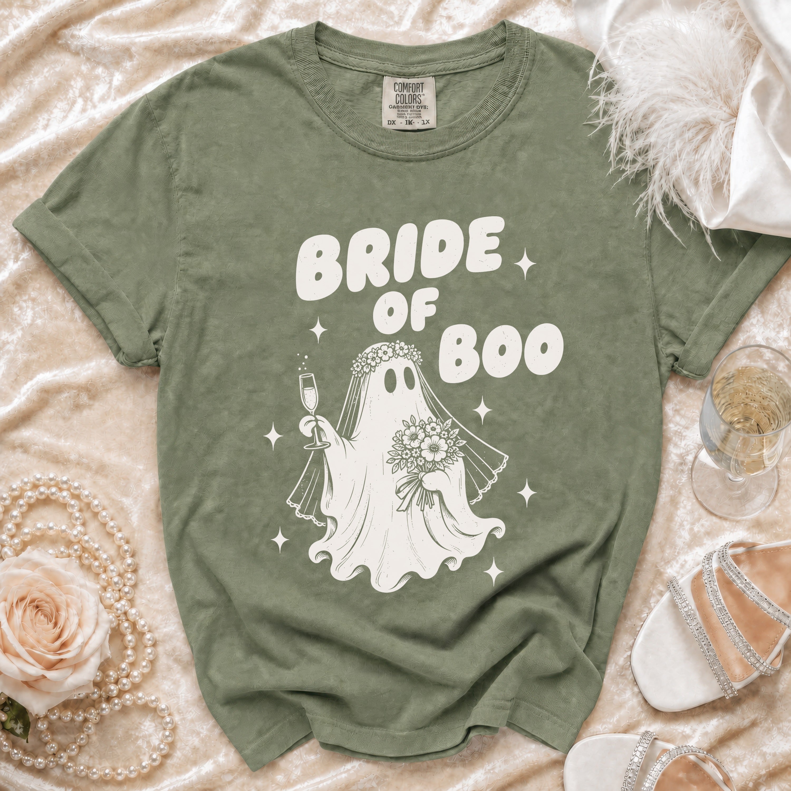 Olive green t-shirt with "Bride of Boo" text and ghost graphic.