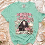 Mother of the Groom graphic tee with tuxedo, black cat, teddy bear, and text.