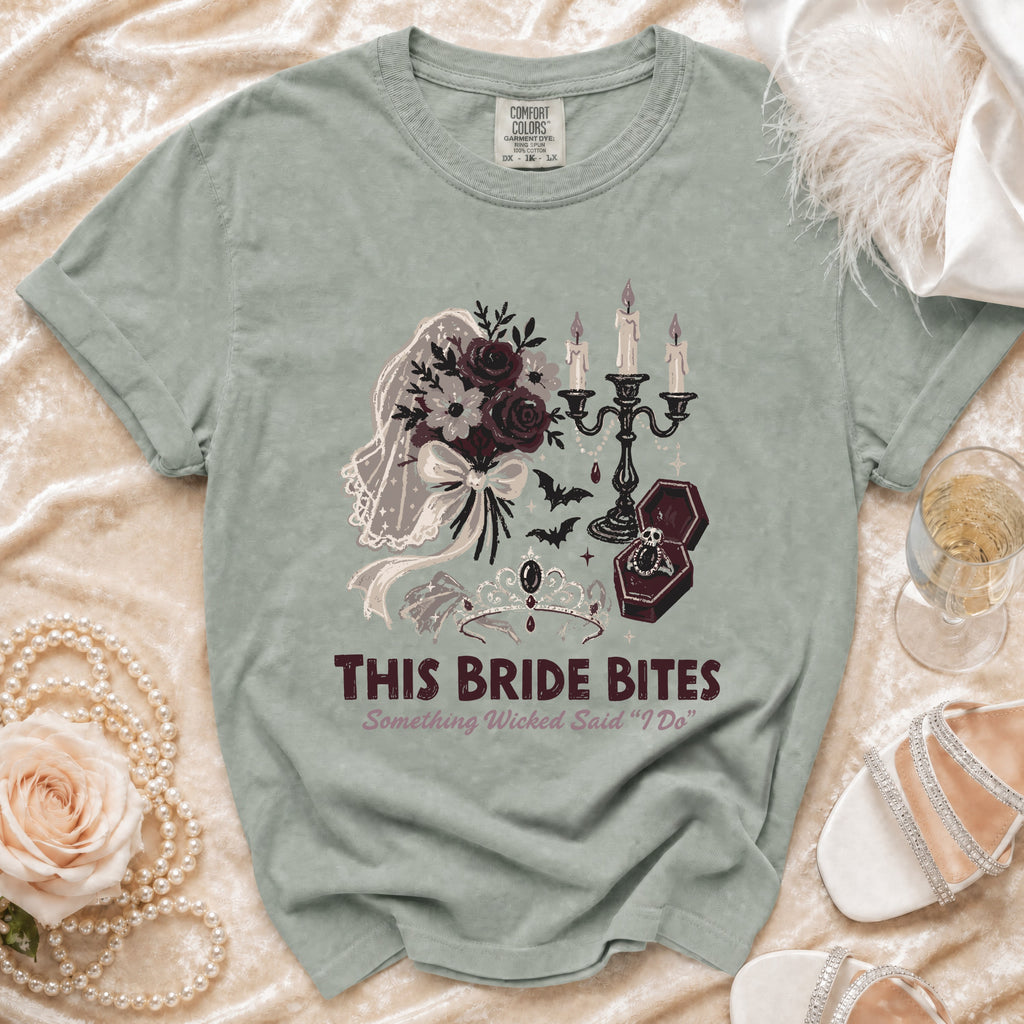Green t-shirt with "This Bride Bites" and spooky bridal graphics.