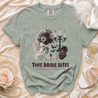 Green t-shirt with "This Bride Bites" and spooky bridal graphics.