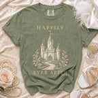 Green t-shirt with "Happily Ever After" text and a castle graphic.