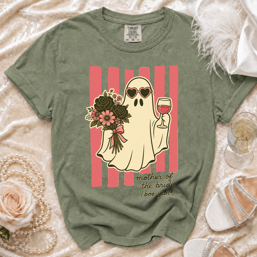 Green t-shirt with a ghost wearing heart sunglasses holding flowers and wine.