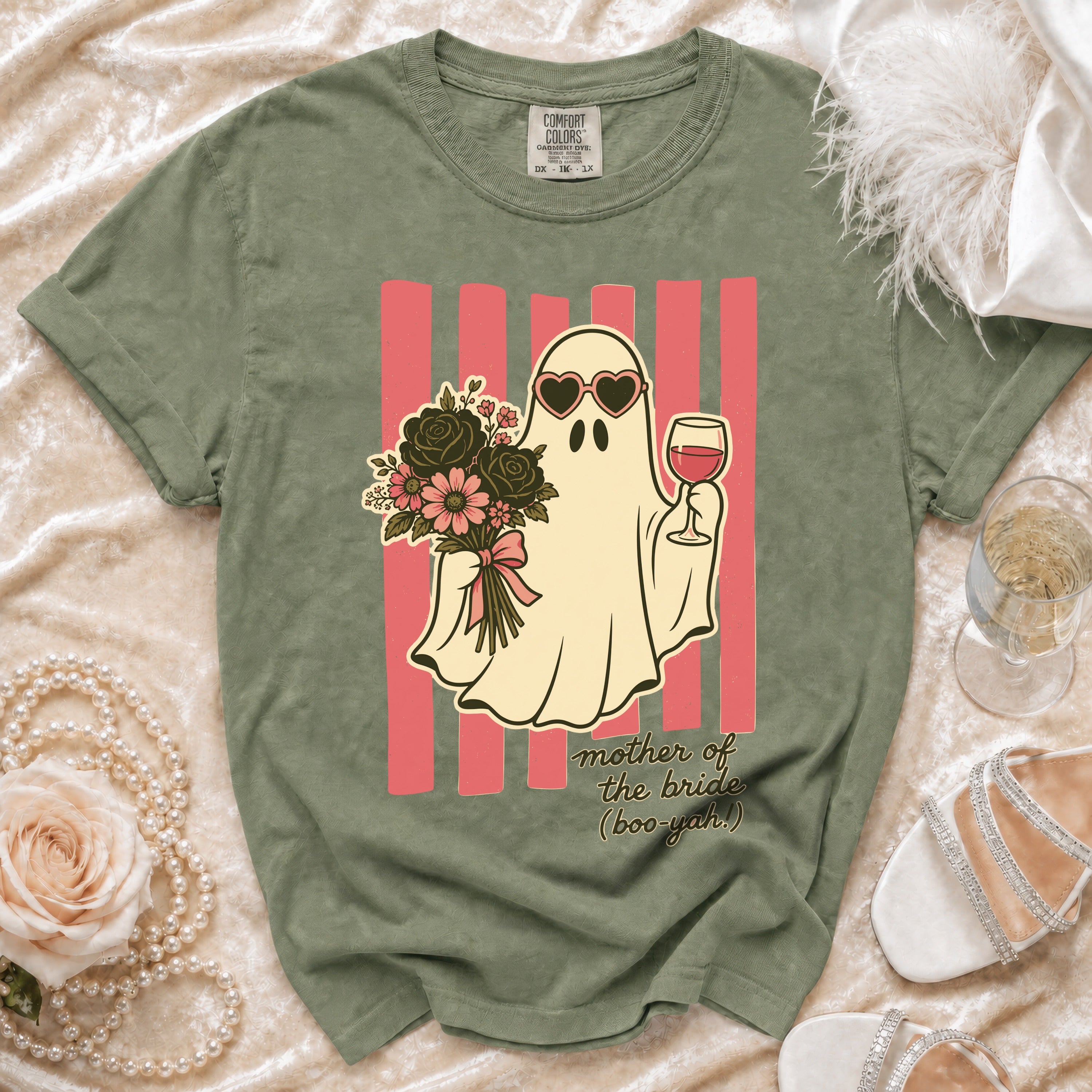 Green t-shirt with a ghost wearing heart sunglasses holding flowers and wine.