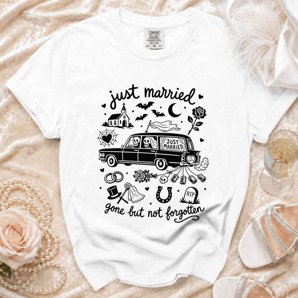 White t-shirt with "just married gone but not forgotten" gothic wedding graphic.