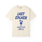 Cream t-shirt with blue text and cocktail graphic reading "Last Splash".