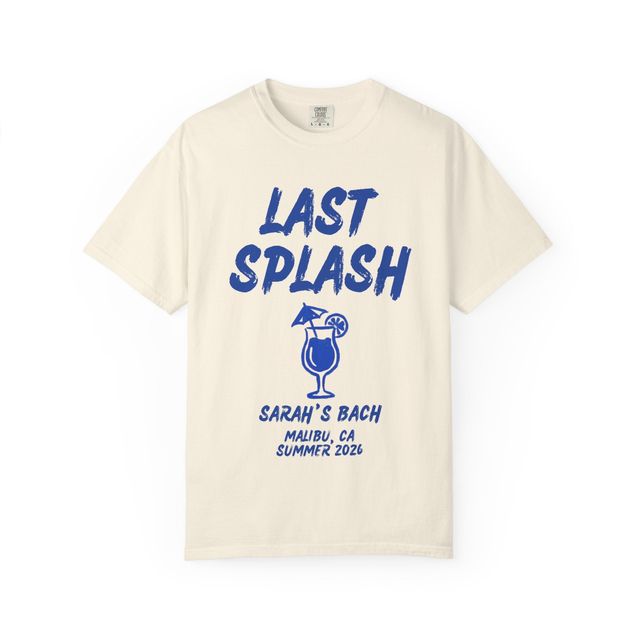 Cream t-shirt with blue text and cocktail graphic reading "Last Splash".