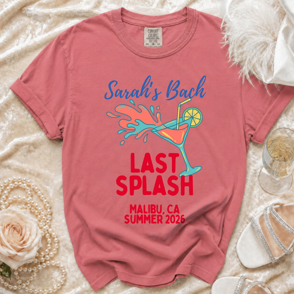 Sarah's Bach Last Splash t-shirt with Malibu, CA Summer 2026 text.