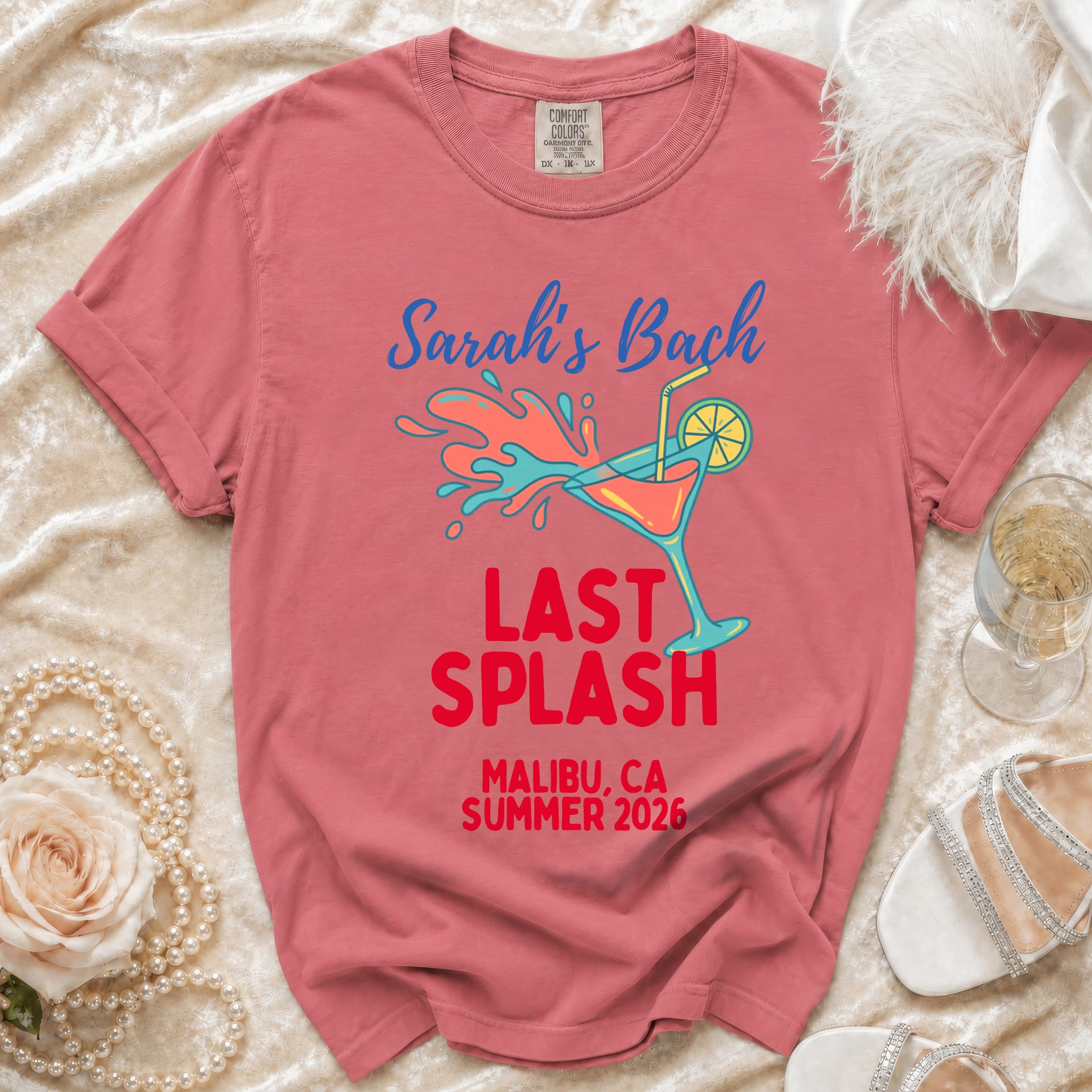 Sarah's Bach Last Splash t-shirt with Malibu, CA Summer 2026 text.
