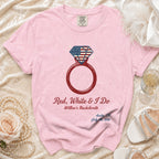 Red, White & I Do bachelorette t-shirt with diamond ring and patriotic USA flag.