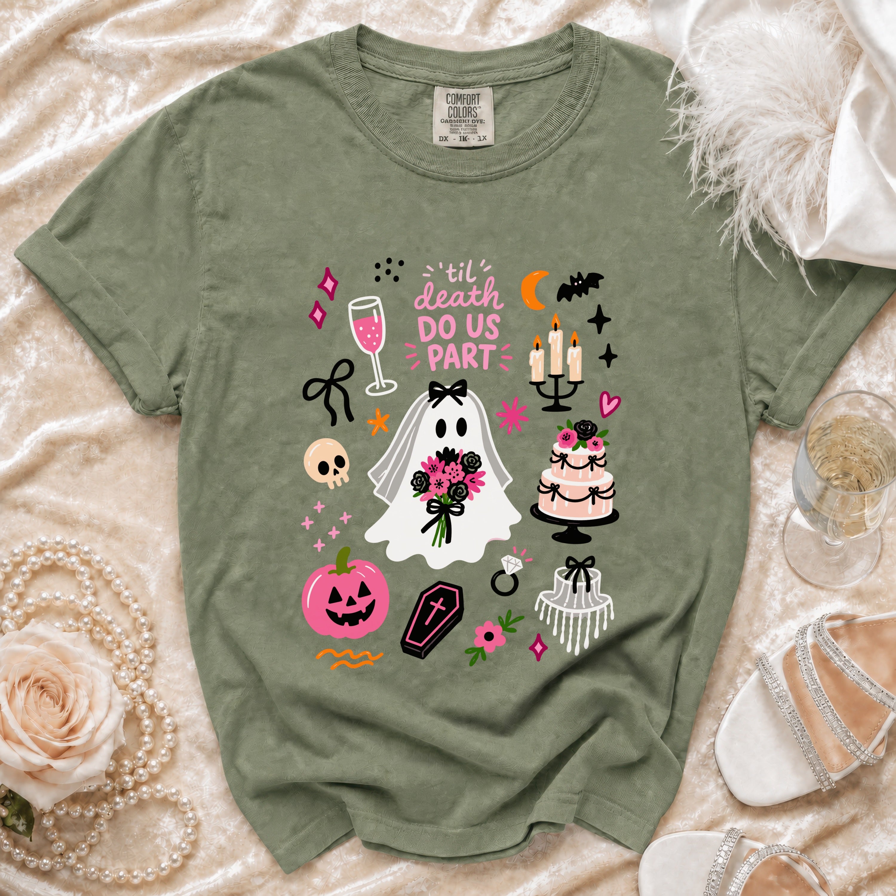 Green t-shirt with 'til death do us part and Halloween wedding graphics.