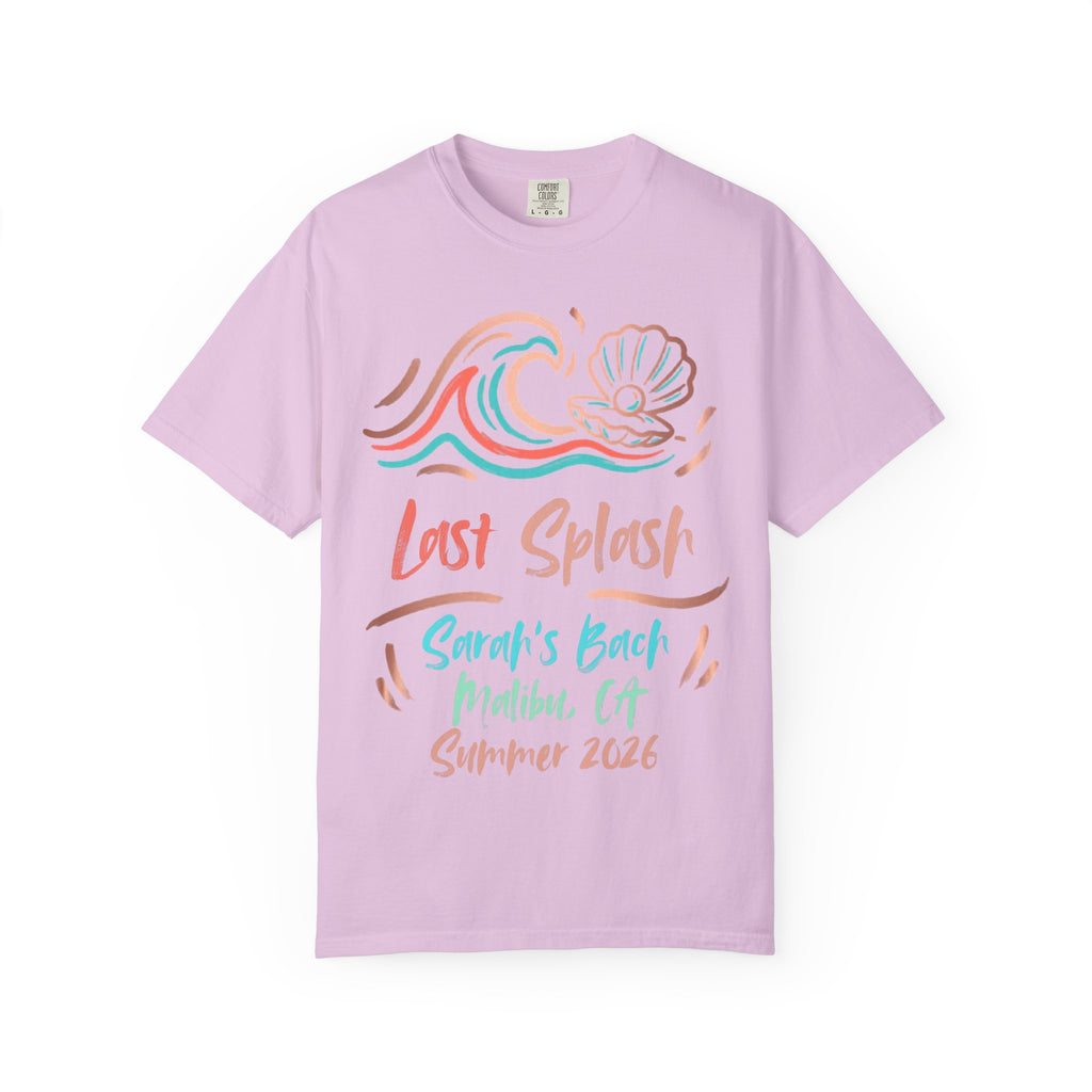 Lavender t-shirt with "Last Splash Sarah's Bach Malibu CA Summer 2026" text and waves.