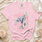 Pink t-shirt with "Maid of Honor" text, martini glass, and stamps.