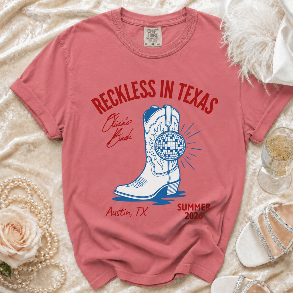 Texas-themed graphic t-shirt with "Reckless in Texas" and boot design.