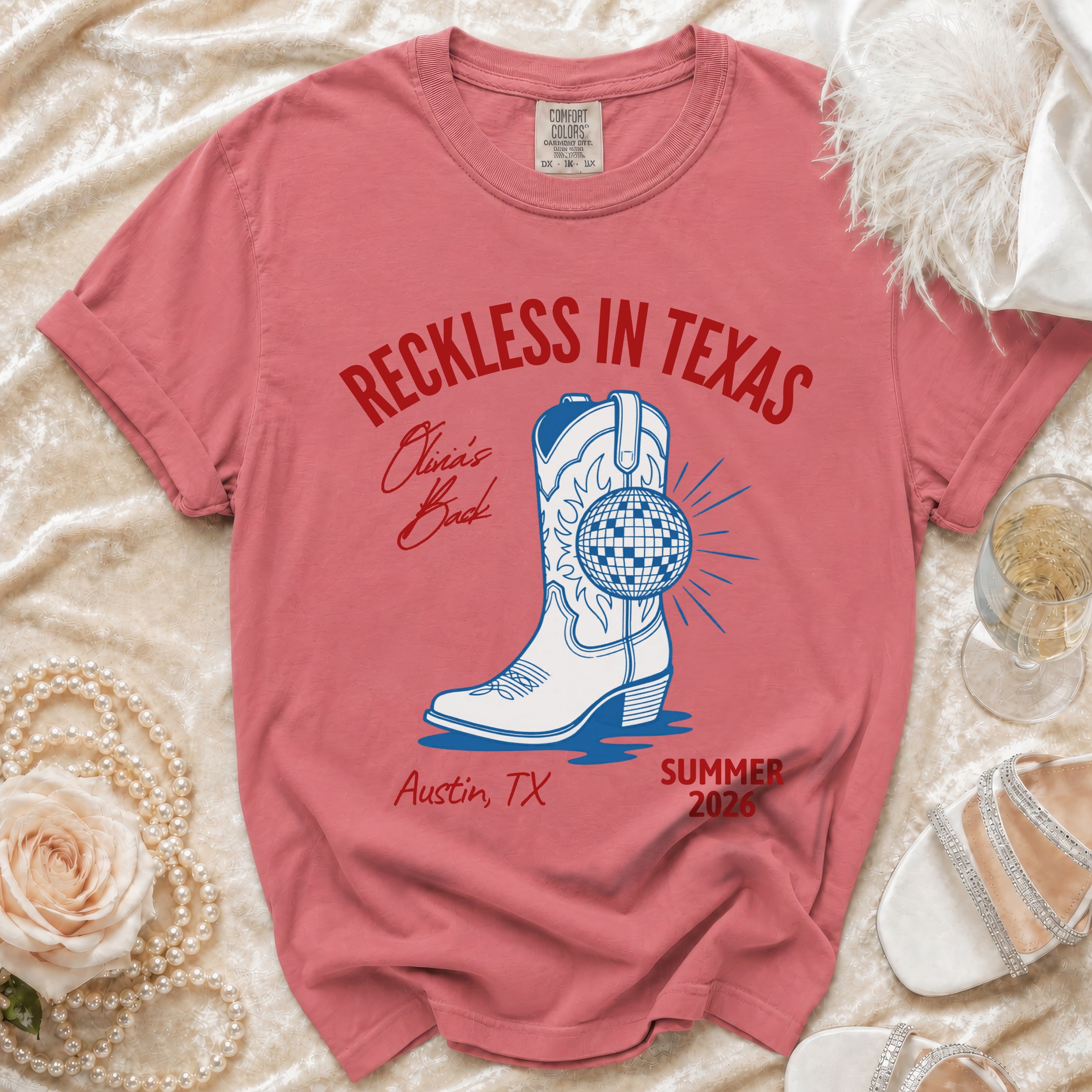Texas-themed graphic t-shirt with "Reckless in Texas" and boot design.