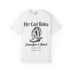 White t-shirt with "Her Last Rodeo" and cowboy boot graphic.