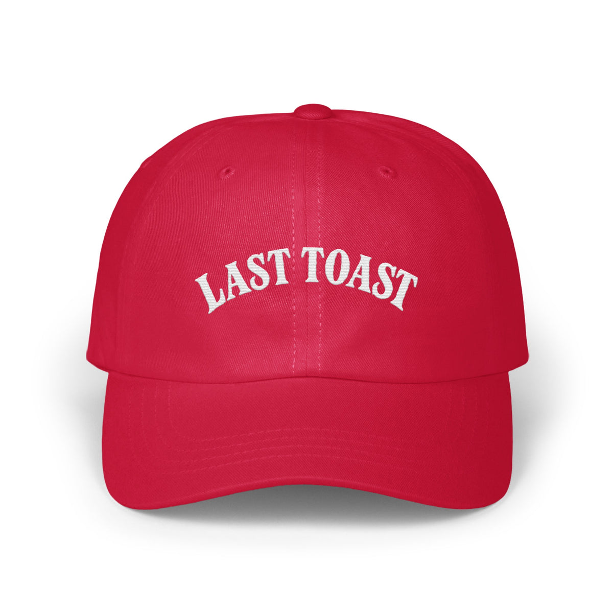 Red baseball cap with white "LAST TOAST" embroidery.