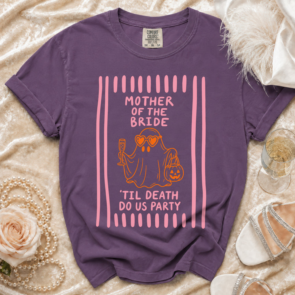 Purple t-shirt with "Mother of the Bride 'Til Death Do Us Party" ghost graphic.