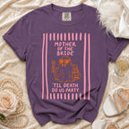Purple t-shirt with "Mother of the Bride 'Til Death Do Us Party" ghost graphic.