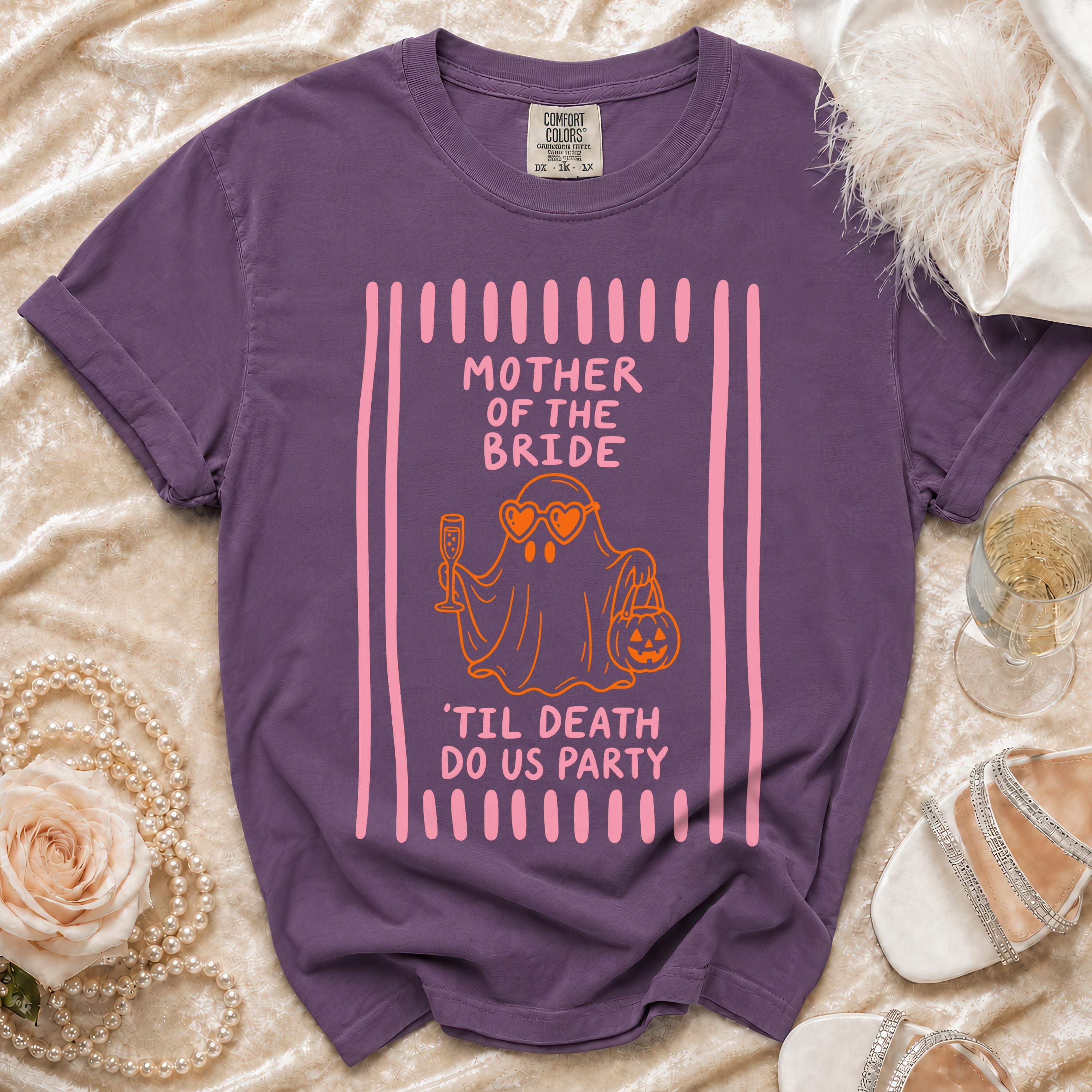 Purple t-shirt with "Mother of the Bride 'Til Death Do Us Party" ghost graphic.