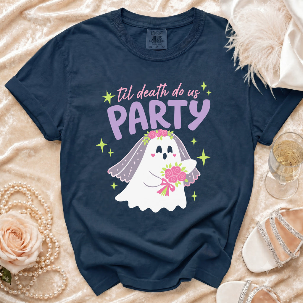 Navy t-shirt with ghost bride graphic and text "til death do us PARTY".