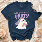 Navy t-shirt with ghost bride graphic and text "til death do us PARTY".