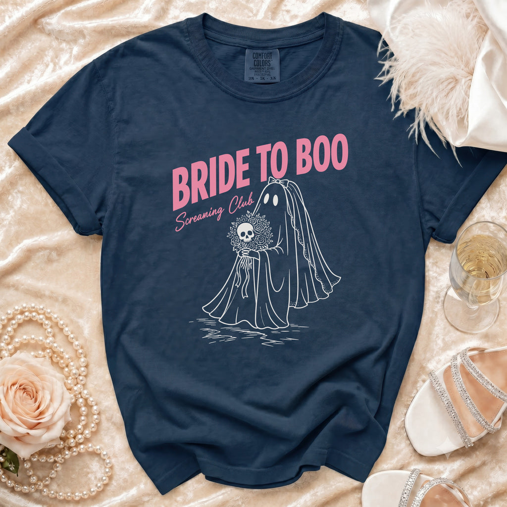 Navy t-shirt with "BRIDE TO BOO Screaming Club" text and a ghost bride illustration.