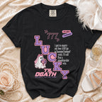 Black t-shirt with "LUCKY TIL DEATH" design, ghost bride, and funny wedding text.